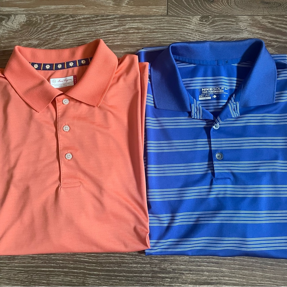 Set of 2 Men’s LG Golf Polos Nike Golf Tour Performance Blue Dri Fit & Ben Hogan